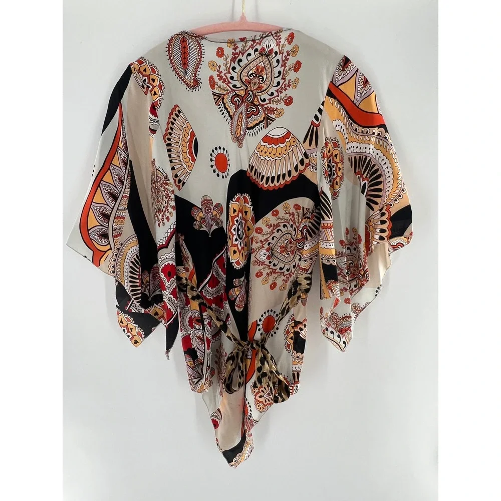 Cache Silk Paisley Leopard Print Kimono Sleeve Wrap Top Handkerchief Hem Y2k XS